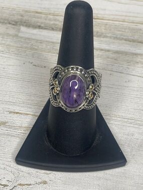 Suarti Bali Sterling Silver Cabochon Amethyst Ring 18K Gold Accent Size 8